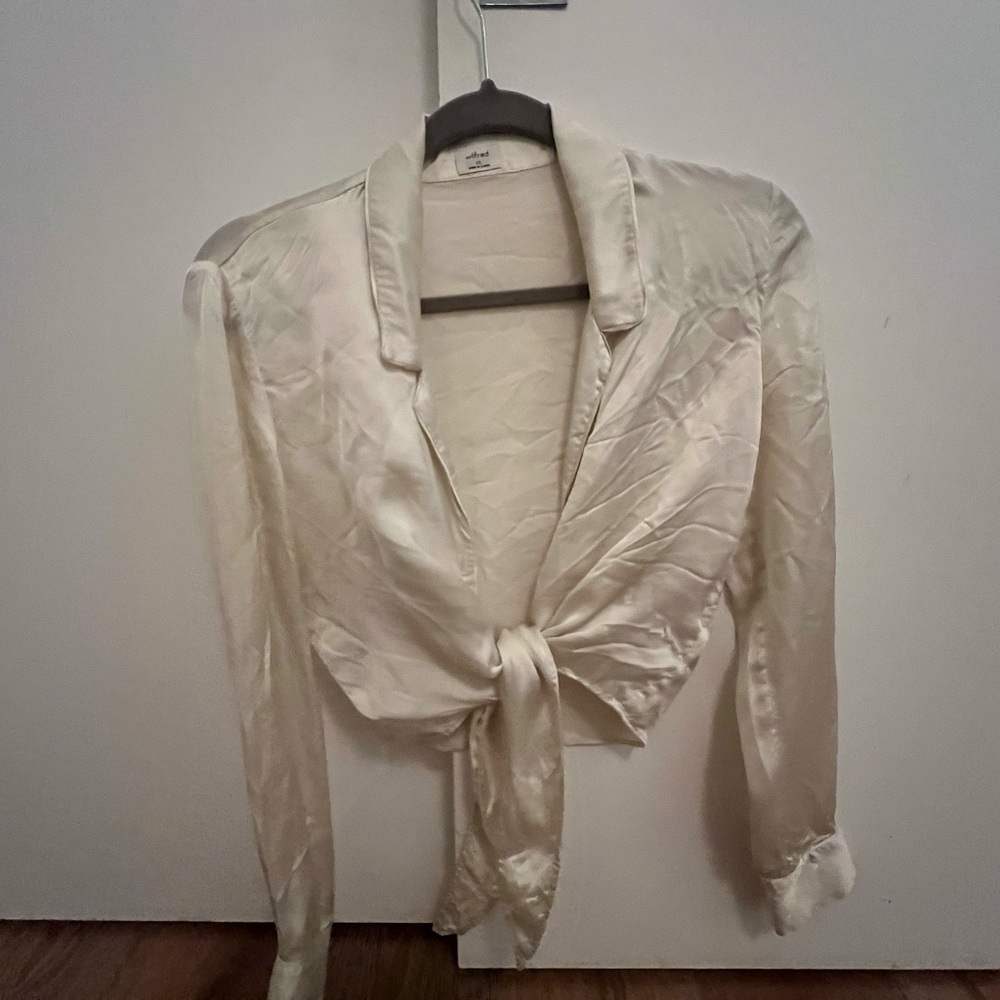 Aritzia Wilfred Satin Tie Front White Blouse XS